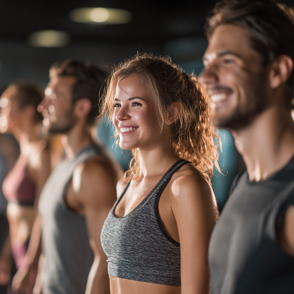 Fiatal magyar felnőttek dinamikus fitness edzést végeznek modern edzőteremben, mosolygós arccal