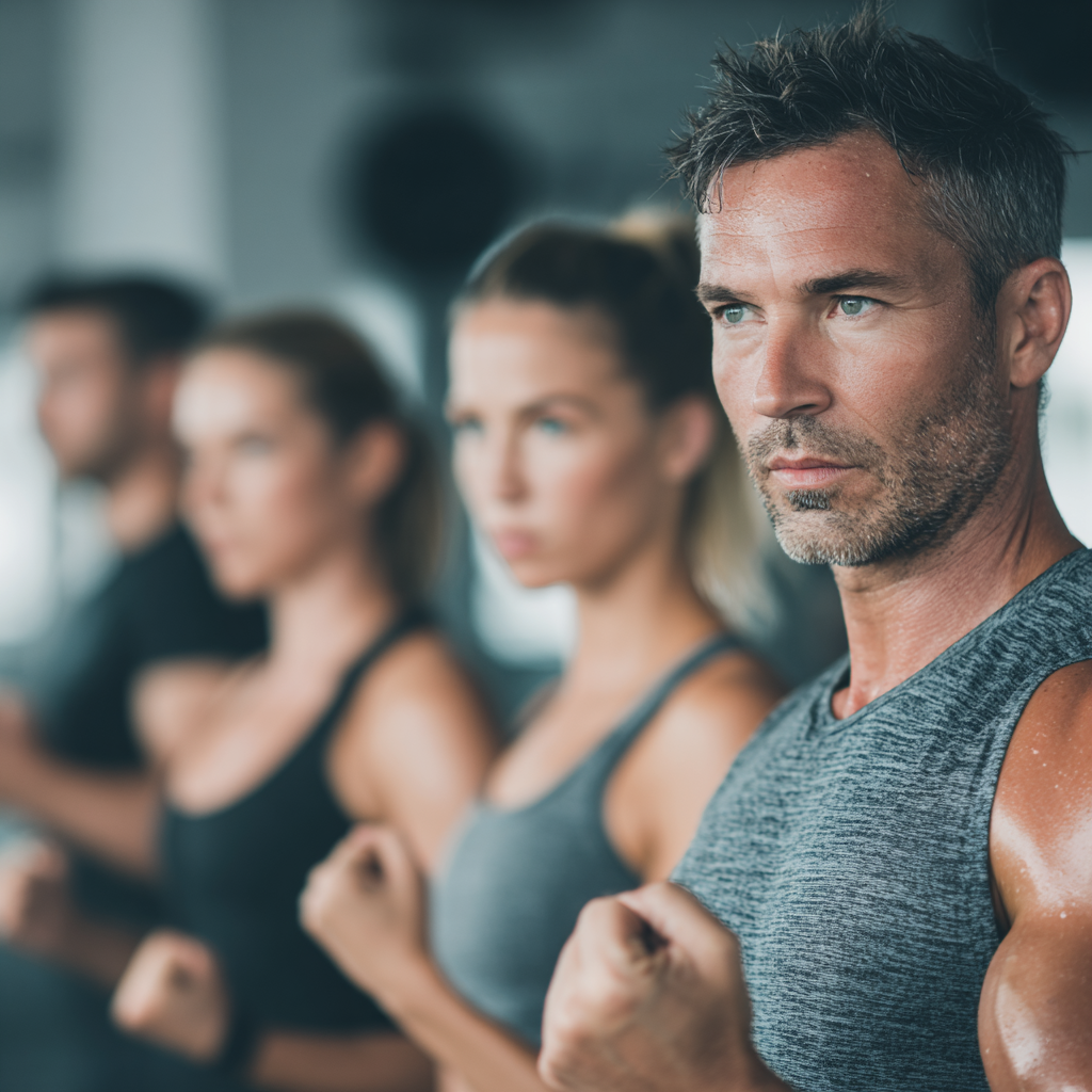 Középkorú magyar felnőttek gyro alapú koordinációs gyakorlatokat végeznek csoportosan, koncentrált de vidám arckifejezéssel