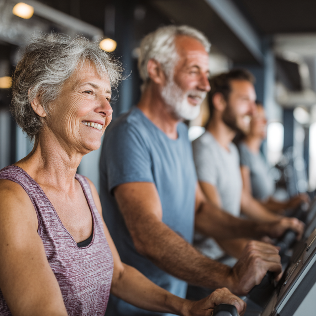 Idősebb magyar felnőttek vidám hangulatban végeznek alacsony intenzitású fitness gyakorlatokat, egészséges életmódot sugárzó környezetben